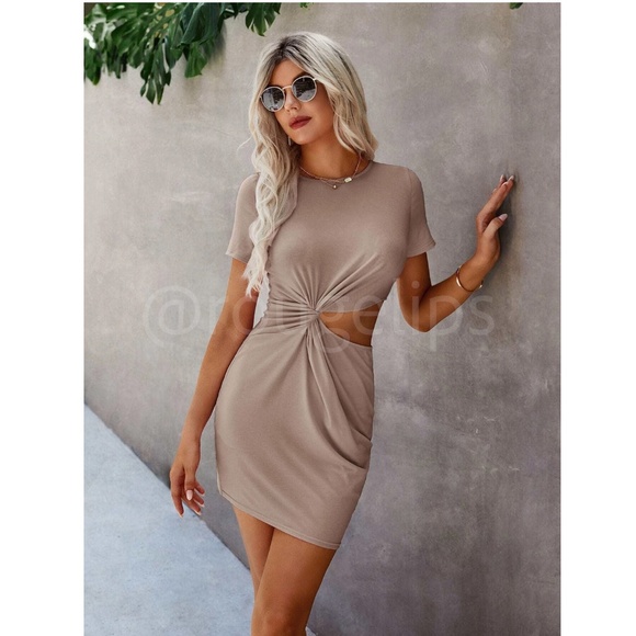 Casual Tee Shirt Dress Cutout Short Sleeve Beige Mini - Picture 2 of 6